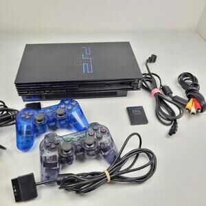 Sony PlayStation 2 Ps2 Fat Console SCPH-35001 2 Controllers Blue Clear Cables